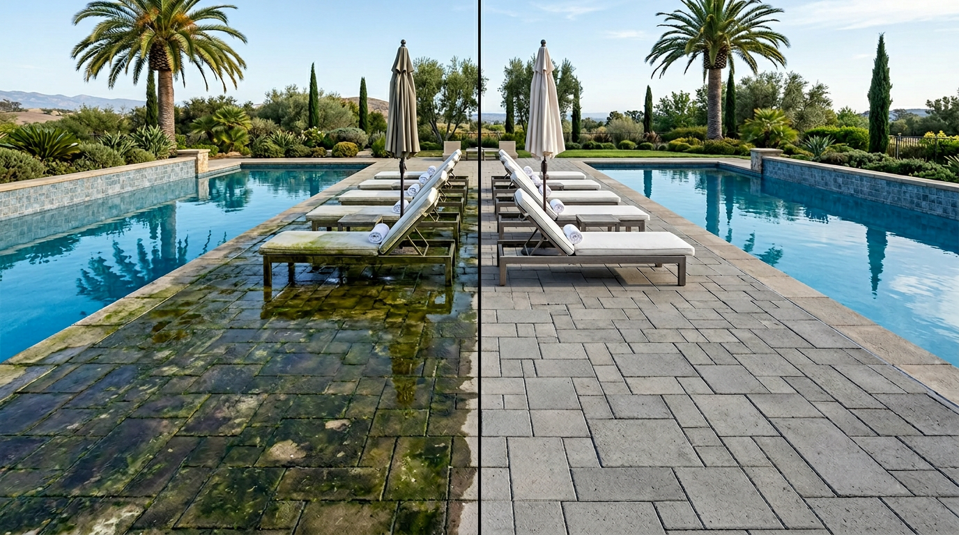 Pool Deck Cleaning: before and after pressure washing